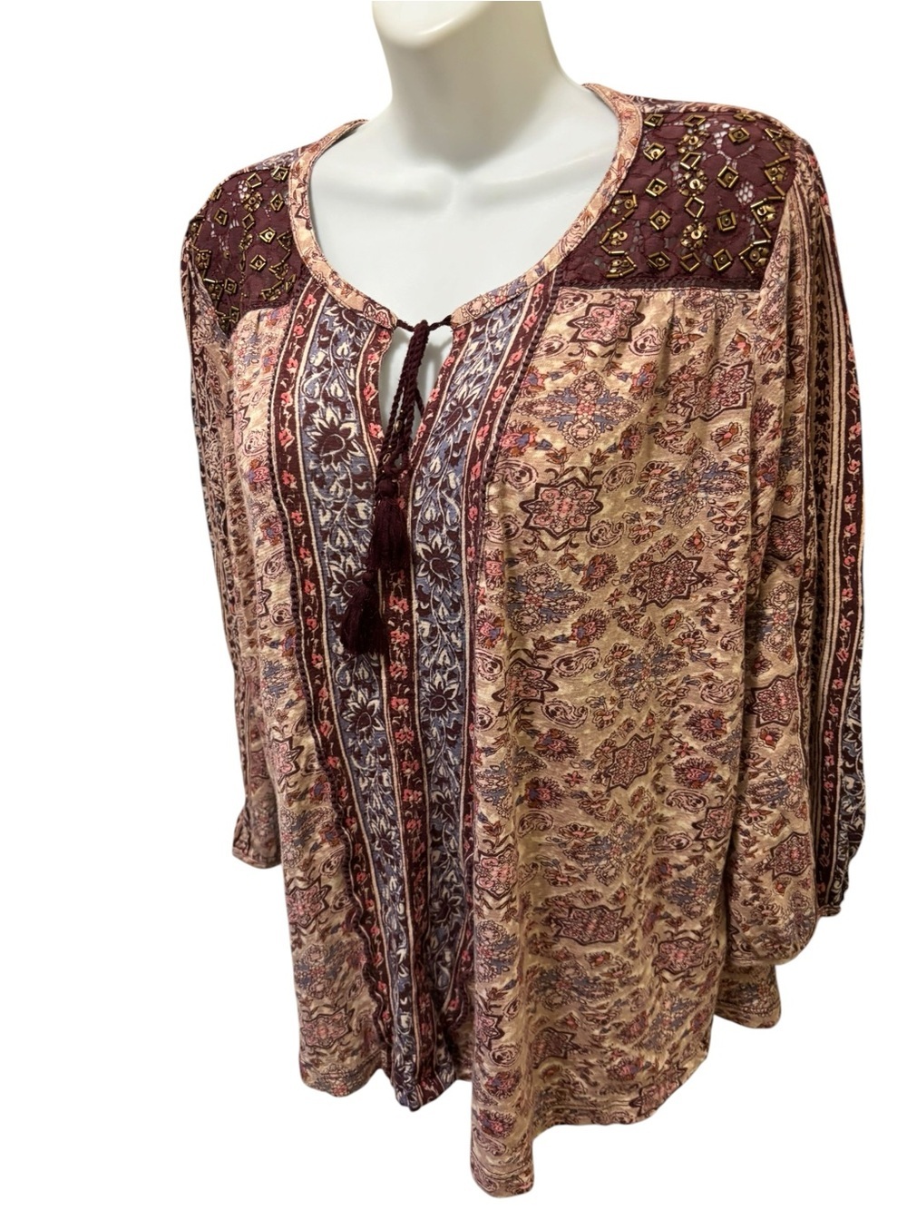 Lucky Brand Women’s Boho Peasant Top Burgundy Sz 2X Tassel Neckline Floral Print - Picture 5 of 5
